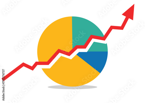 Red Business Arrow Rising Slowly and Consistently Through Pie Chart with One Dominant Segment Overtaking Others, Representing Maximum Profit, Goal Completion, and Total Market Domination