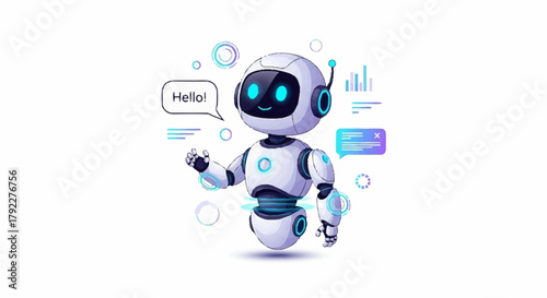Robot Assistant with Hello Bubble Speech Futuristic Technology and Friendly AI Design