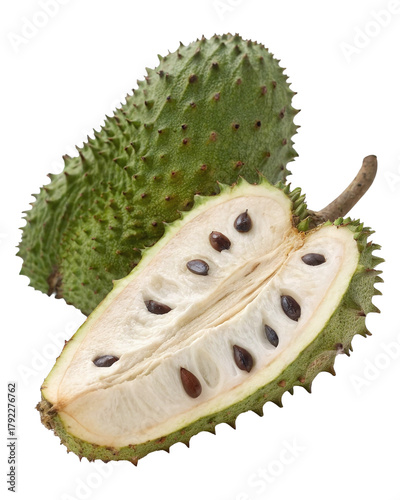 A soursop fruit, cut in half, reveals its white pulp and black seeds, with another whole soursop behind it.