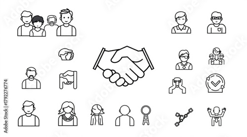 Collection of business and social interaction icons featuring people and symbols in outline style design created with generated ai