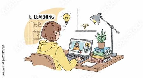 Online education and remote learning with students attending virtual classes on laptops and a bright idea symbolizing knowledge