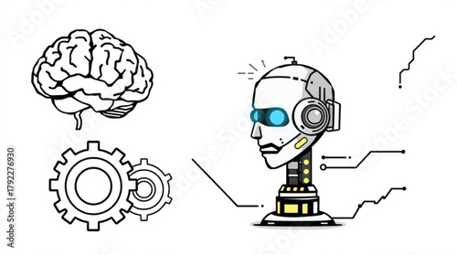 Illustration of a brain, gears, and a robot head representing artificial intelligence concept idea created with generated ai