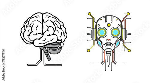 Illustration showing a human brain connected to technology and a robot head with circuit designs created with generated ai