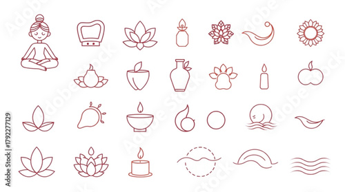 Collection of yoga and wellness themed line art icons including lotus flowers and meditating person created with generated ai