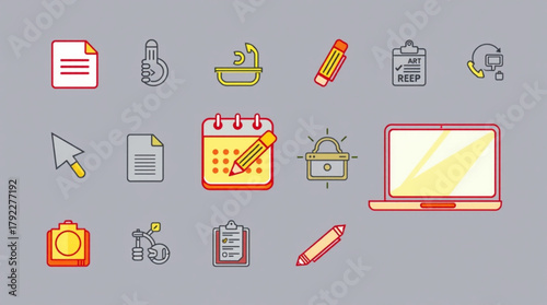 Illustration of office and business icons including a laptop calendar and clipboard items in a row created with generated ai