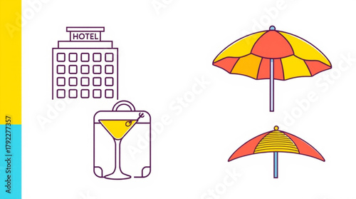 Illustration of hotel building, suitcase with drink, and beach umbrellas in a simple design created with generated ai