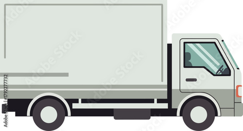 Side view vector illustration of a white commercial delivery box truck on a plain background.