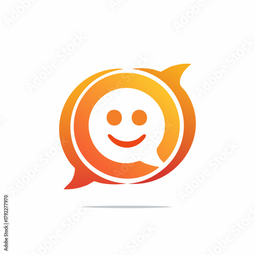Design a friendly chat messenger logo with overlapping speech bubbles in vibrant colors (orange and yellow gradient). Include a subtle smile within the bubble design. 