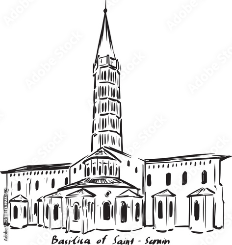 Detailed ink sketch of the Basilica of Saint-Sernin in Toulouse, France — Romanesque architecture with spire and apses, hand-drawn in black and white line art for cultural illustration