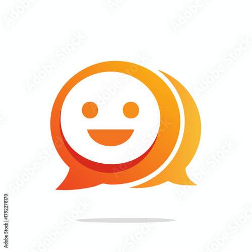 Design a friendly chat messenger logo with overlapping speech bubbles in vibrant colors (orange and yellow gradient). Include a subtle smile within the bubble design. 