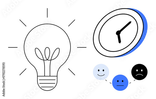 Lightbulb highlighting creativity, clock denoting time management, and emotional faces showing moods. Ideal for innovation, productivity, emotion, design, planning, brainstorming self-awareness