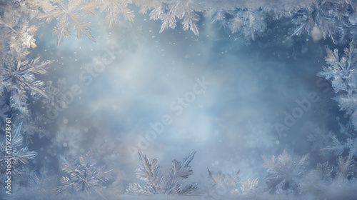 icy winter christmas background, frosted glass texture, blue and silver colors, snowflakes along the border, minimal center for title, soft glowing light