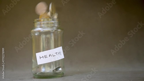 Slow Motion of Coins Dropping into Saving Glass Jar Labeled 