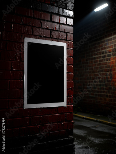 Dark Urban Alleyway Mockup with Blank Vertical Poster on Grungy Brick Wall Under Street Light