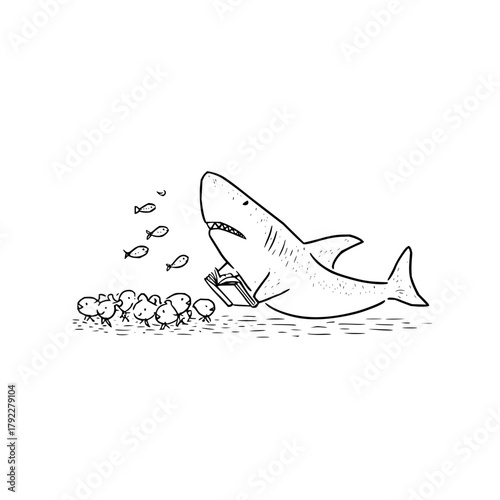 A shark reading a book to a group of small fish with some other fish swimming nearby on white backgroun