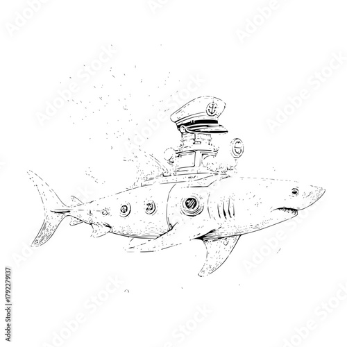 A whimsical illustration of a shark submarine with a captain's hat and portholes in black and white