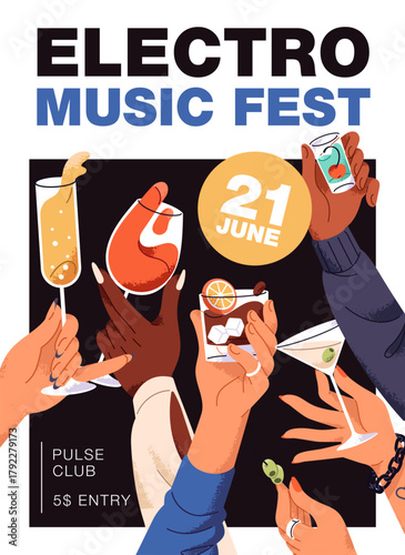 Night club party event poster design with hands holding cocktails. Advertising template of celebrating with people cheers, raises glasses of alcohol drinks together. Flat vector illustration