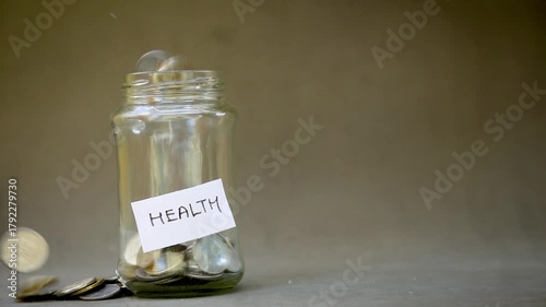 Slow Motion of Coins Dropping into Saving Glass Jar Labeled 