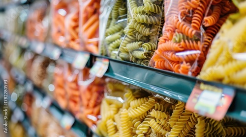 Rows of colorful packaged pasta in various shapes on supermarket shelves, including fusilli and rotini, representing food and grocery shopping.