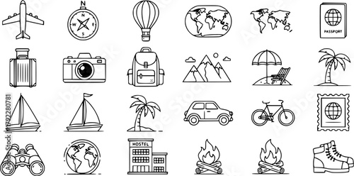 A cohesive set of 20 minimalist outline travel icons. Features clean, modern vector designs for vacation, adventure, and tourism projects.