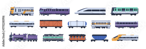 Trains with different passenger and cargo carriages set. Modern and retro locomotives with wagons. Trail engines side view. Railroad transport. Railway. Flat isolated vector illustrations on white