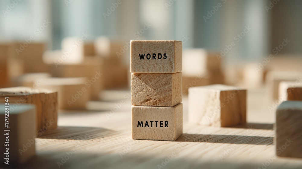 Closeup of wooden blocks stacked with the words words matter on a wooden surface