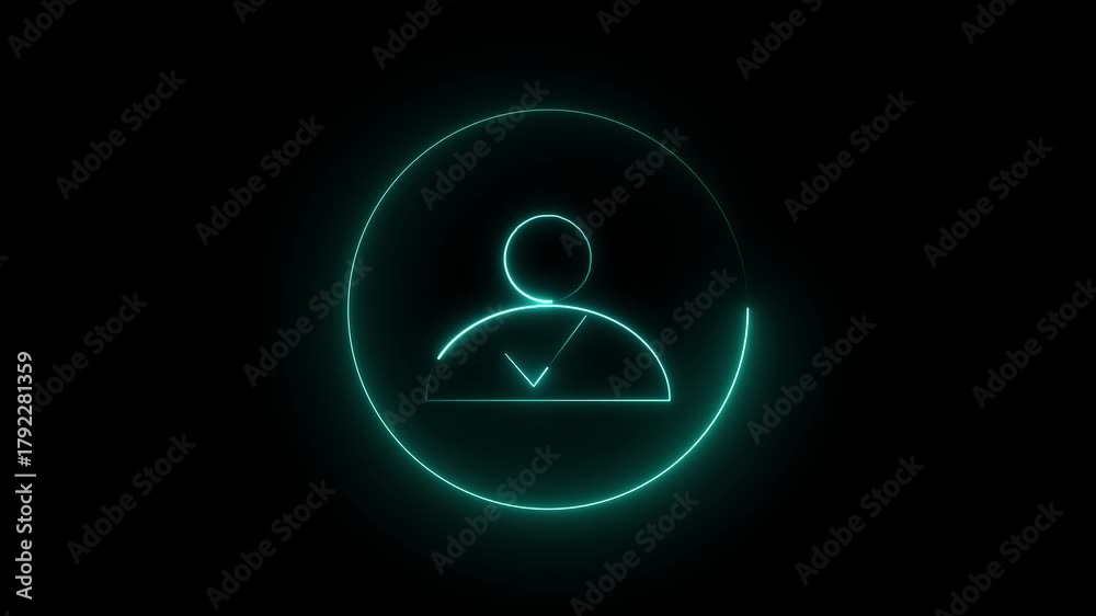 Cyan Neon User Icon with Check Mark Inside Circle on animation Black Background profile icon person icon. High-tech animation with cyan glowing person icon inside a circle with check mark on dark