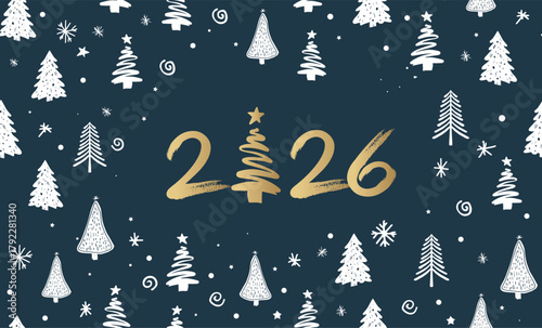 Happy New Year 2026 Greeting Card with Golden Brush Strokes	
