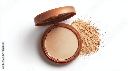 Isolated image of makeup compact powder on white background, smooth shadows and clean highlights.