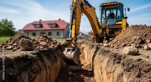 Yellow backhoe digging trench with dirt piles and house in background excavator construction