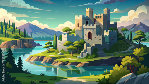 Very beautiful castle ruins surrounded by lush greenery and overlooking a serene lake at Ha Ha Tonka State Park, Camdenton, Missouri, featuring historic stone structures, forested landscapes, and 