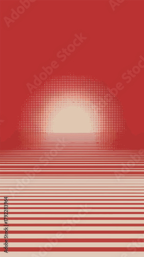 Red background with a dotted semi circle and horizontal lines fading into the distance illustration