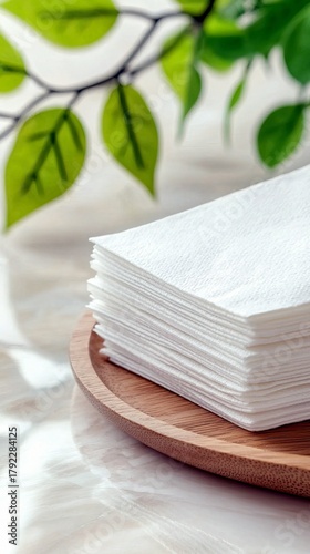 A stack of white paper napkins sits on a round wooden plate, with soft green leaves visible in the blurred background.