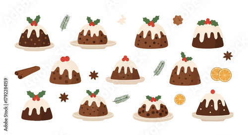 Christmas Pudding Big Set Vector Illustration Holly Orange Cinnamon Spice Food Decor