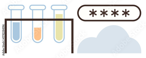 Test tubes with colorful liquid next to a cloud and concealed password concept. Ideal for innovation, research, technology, security, data management, cloud computing, and scientific solutions