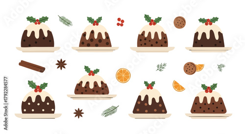 Christmas Pudding Decoration Set Vector Illustration Dessert Food Holly Orange Cinnamon