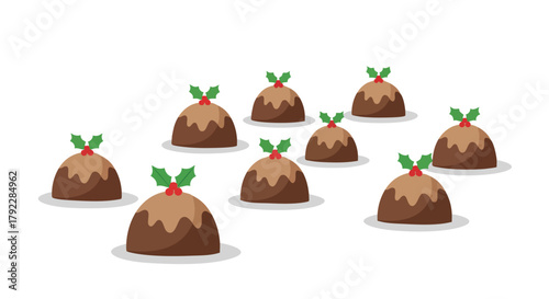 Christmas Pudding Group Minimalist Flat Vector Illustration Holiday Dessert Food Set