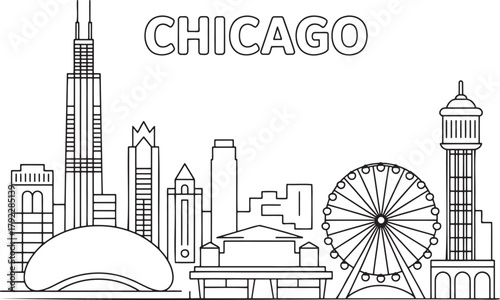 Chicago illinois skyline line art illustration with city name featuring famous architectural travel destinations