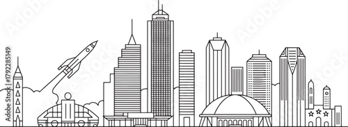 Urban metropolis skyline outline illustration featuring launching space rocket and modern architectural towers