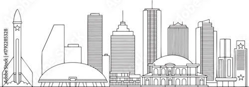 Modern city skyline outline illustration with tall skyscrapers and space monument rocket architectural drawing