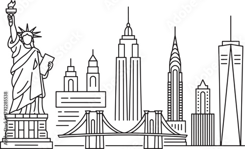 New york city outline vector illustration famous landmark buildings statue liberty brooklyn bridge travel