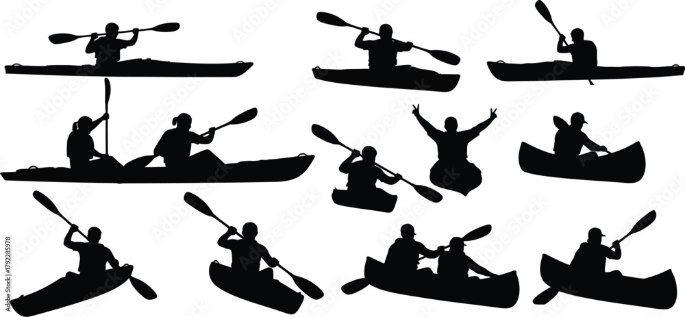 Naklejka premium Canoe and paddle boat water sport adventure silhouette set
