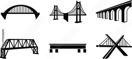 Bridge icon design and modern architectural structure collection vector illustration silhouette. 