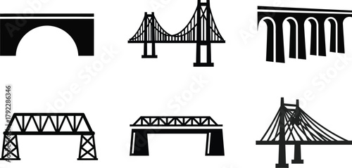 Bridge icon design and modern architectural structure collection vector illustration silhouette. 