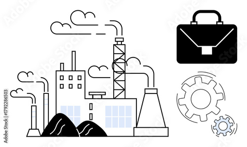 Factory complex emitting smoke with gears and a briefcase representing industry, production, and business. Ideal for manufacturing, energy, economy, industry, management progress process. Simple