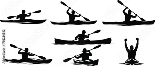 Canoe and paddle boat water sport adventure silhouette set