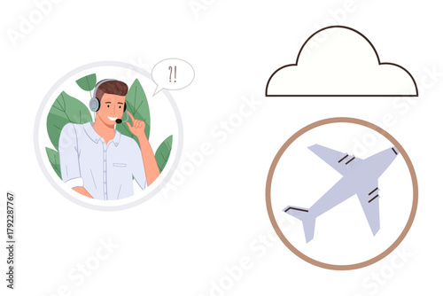 Customer service agent talking with a headset and speech bubble, airplane and cloud icons nearby. Ideal for travel assistance, aviation, connectivity, transportation, customer service, logistics