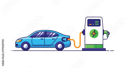 A blue electric car is charging at a modern charging station.