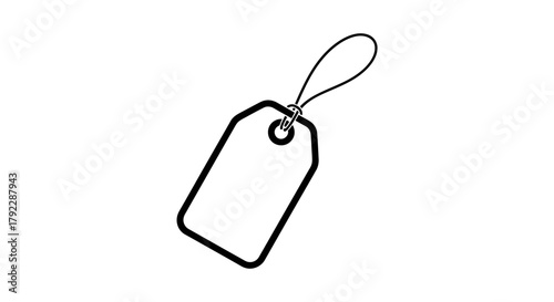 A blank price tag hangs by a thin cord on a white background.
