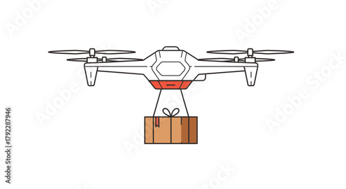 A white drone carries a brown package suspended by strings.